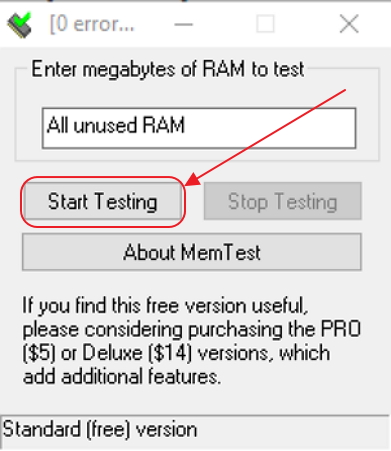 Кнопка Start Testing в окне утилиты Memtest