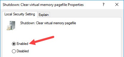 Включение режима очистки файла подкачки Windows 10 при выключении ПК