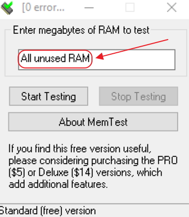 Выбор тестируемого объёма памяти в утилите Memtest