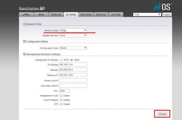 Окно настроек NETWORK для маршрутизатора Ubiquiti NanoStation M5 (базовая станция)