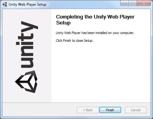 Окно оповещения об успешном завершении установки Unity Web Player